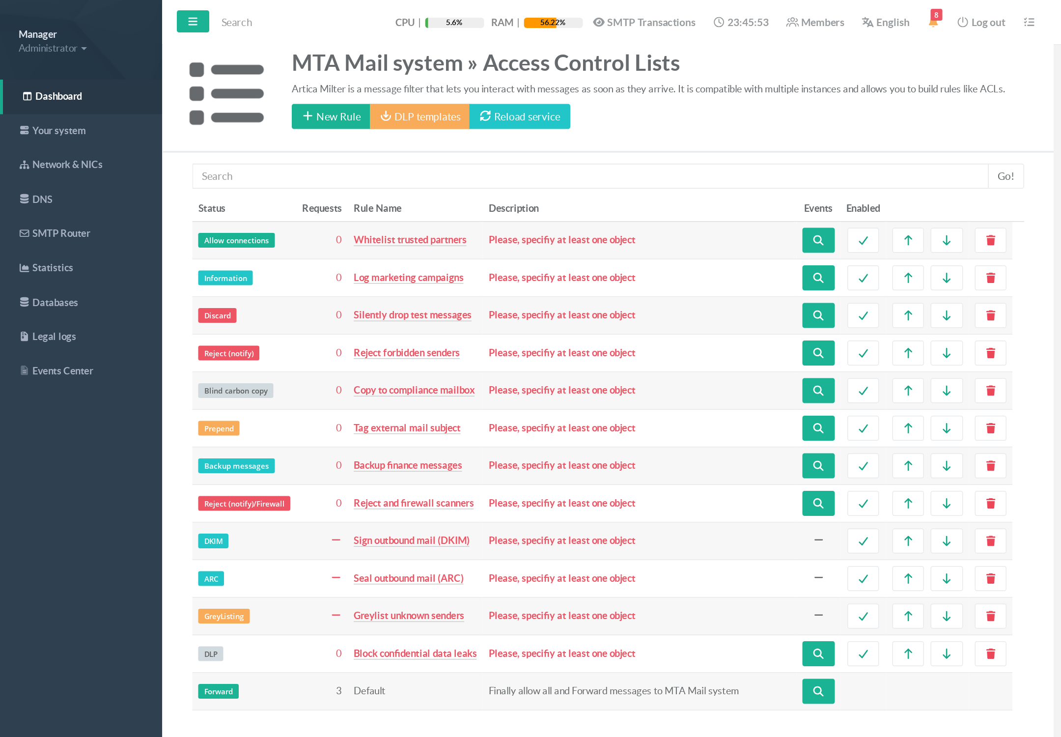 Artica Milter rules list