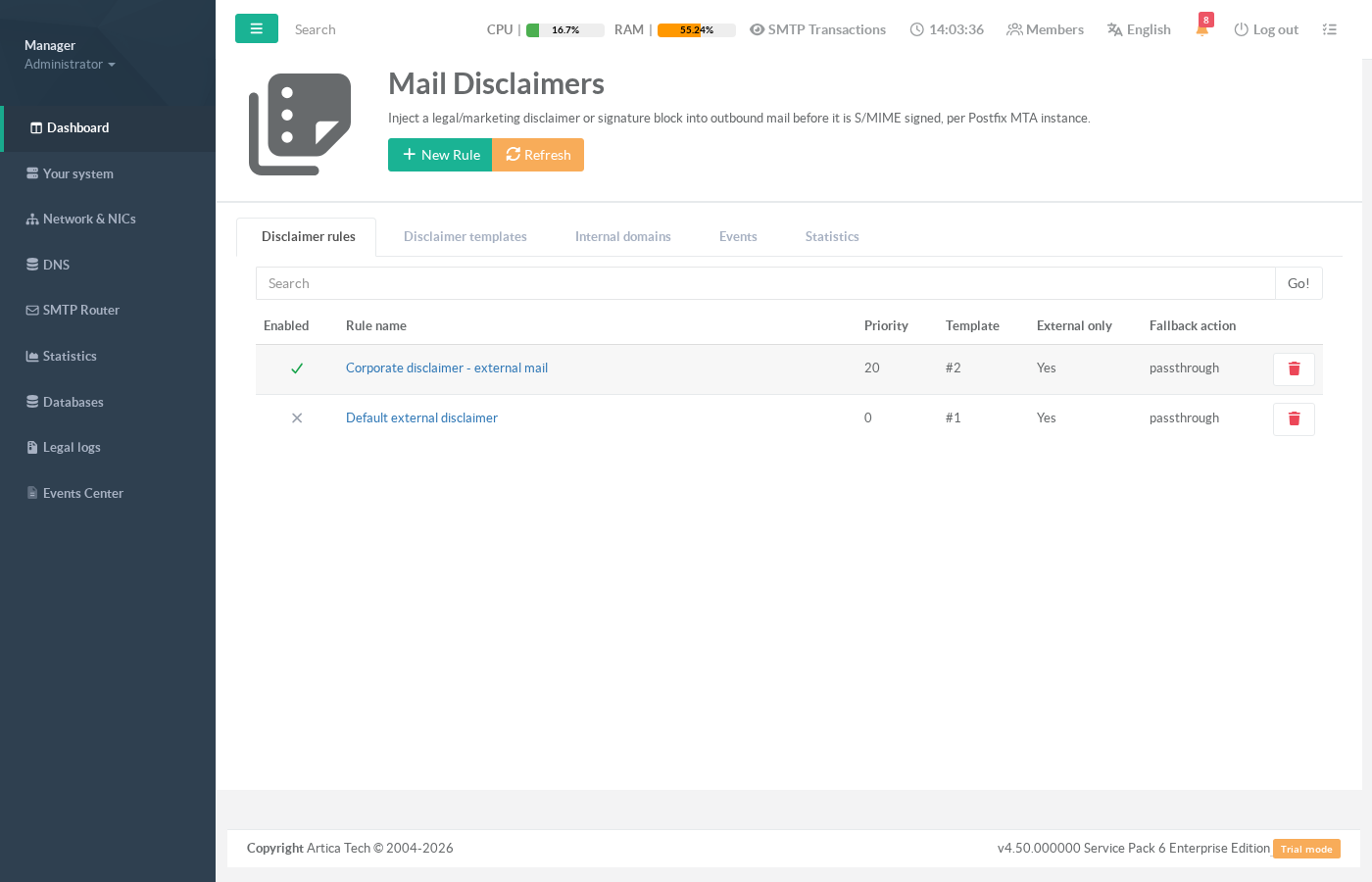 Mail Disclaimers — rules tab