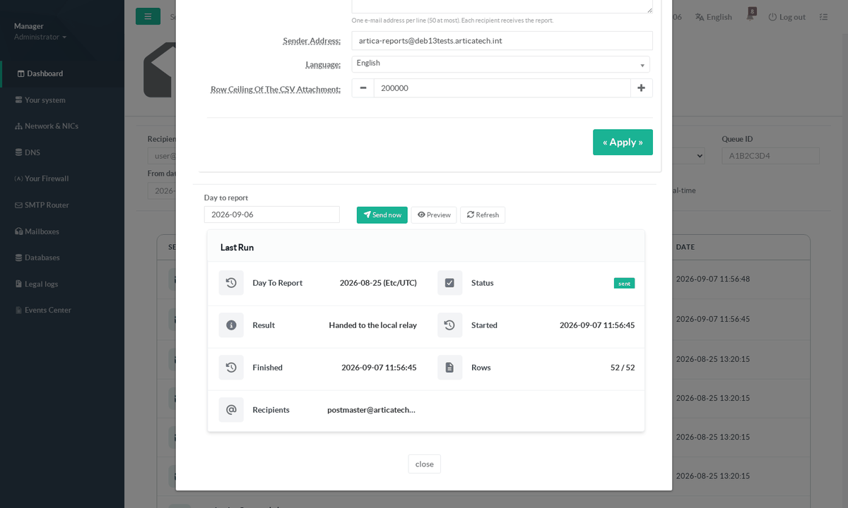 Day to report, Send now, Preview and the Last Run panel
