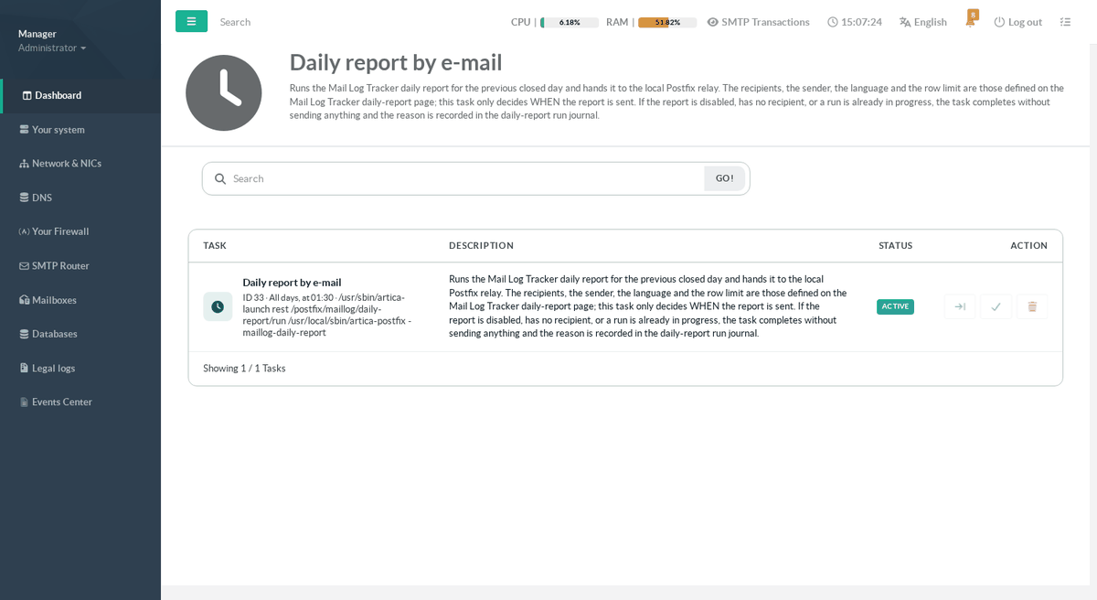 The daily report task, active, all days at 01:30