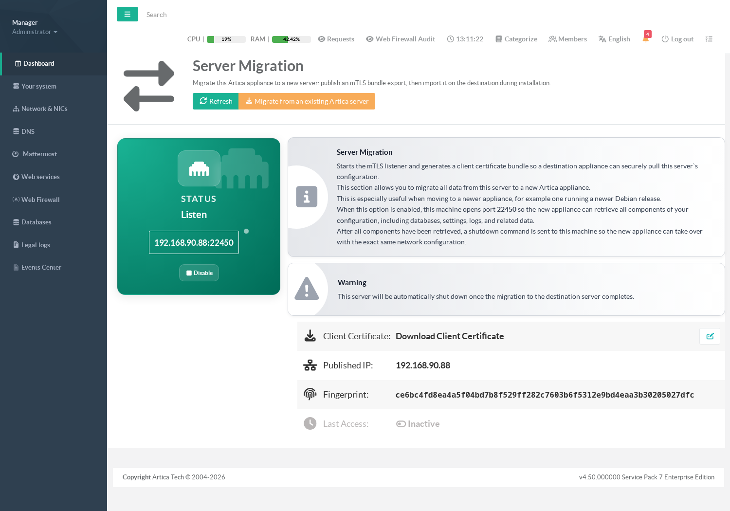 Server Migration page on the source appliance, service enabled