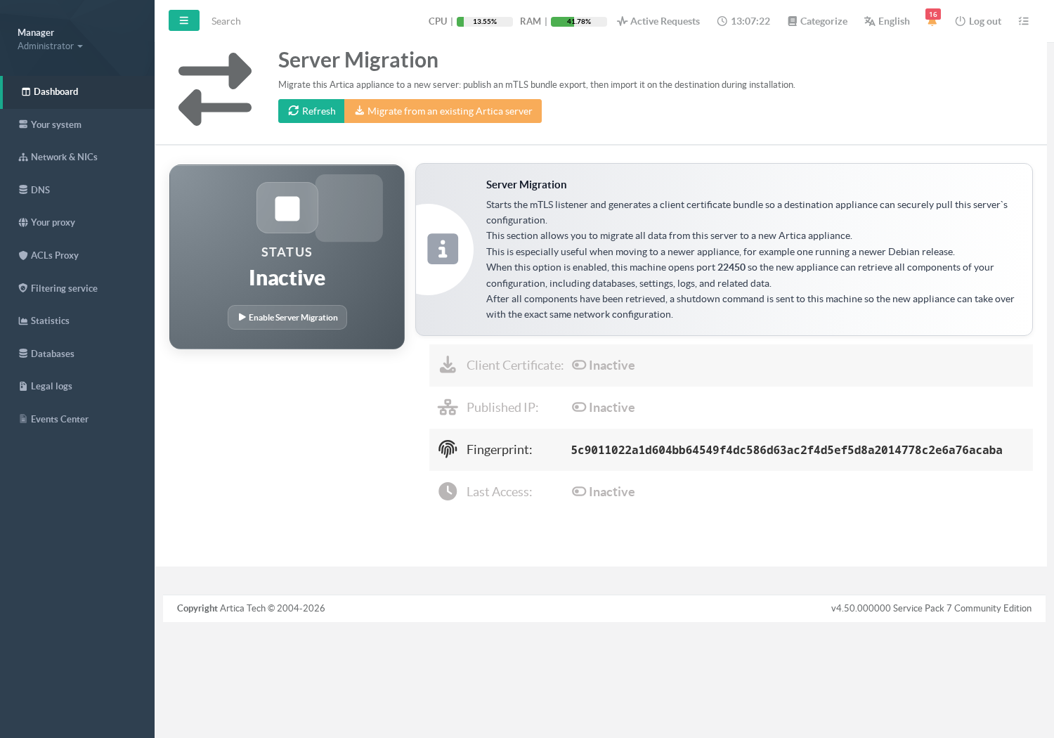 Server Migration page on the destination appliance with the migration button