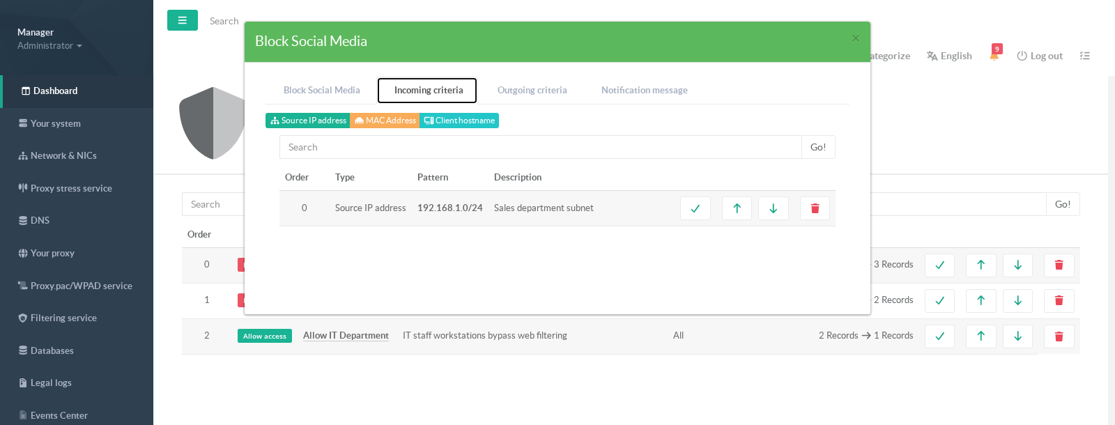 Incoming criteria tab