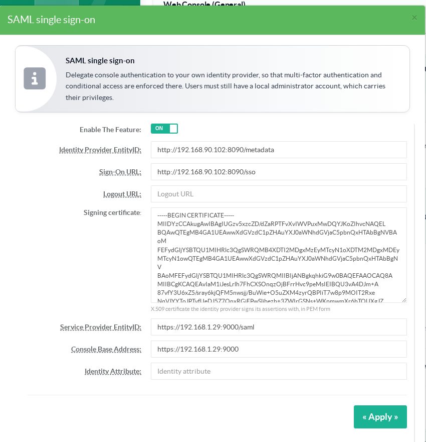 SAML single sign-on settings dialog