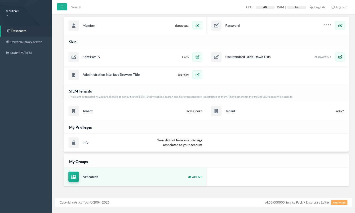 The account page listing the granted tenants