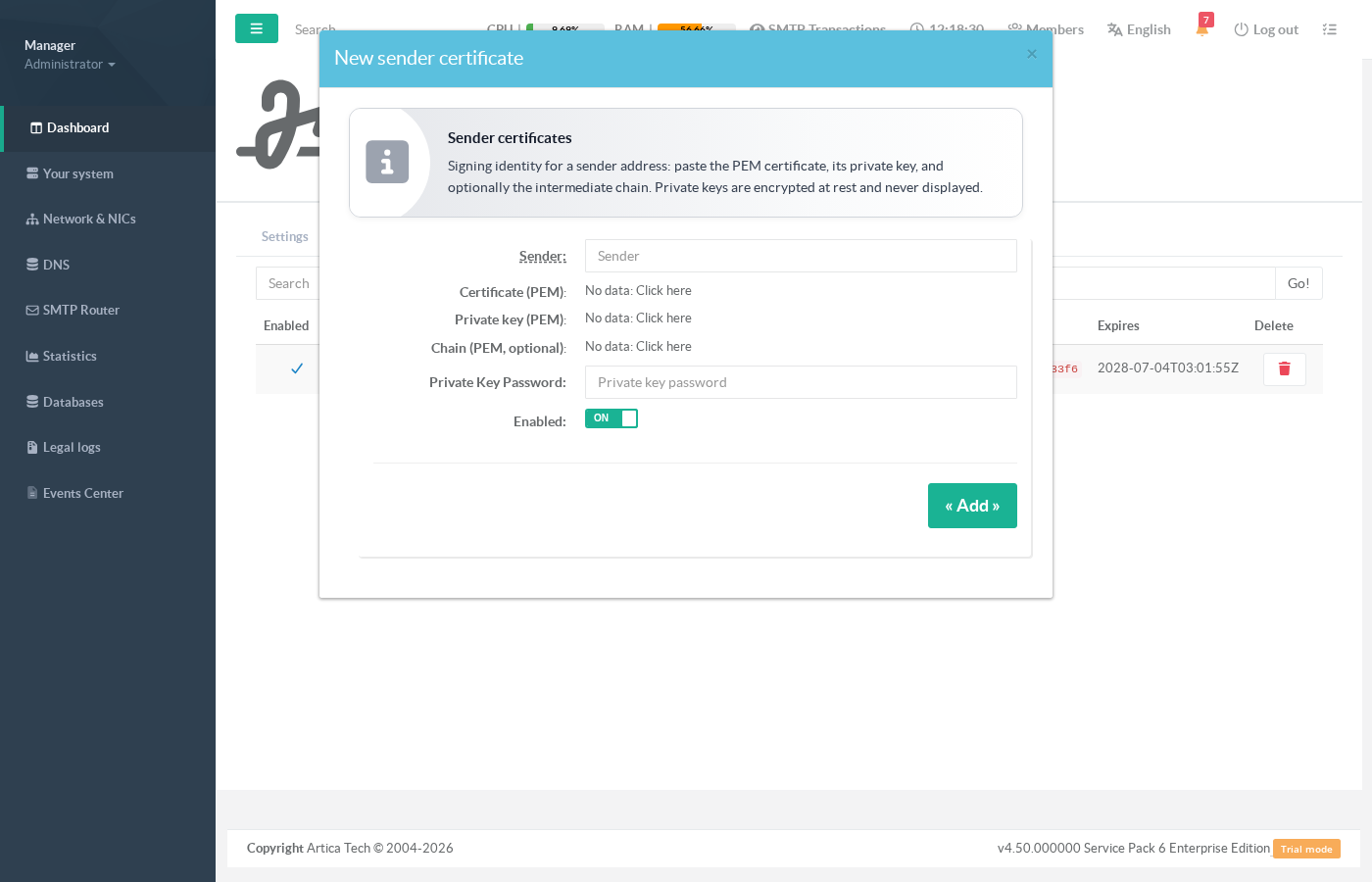 New sender certificate form