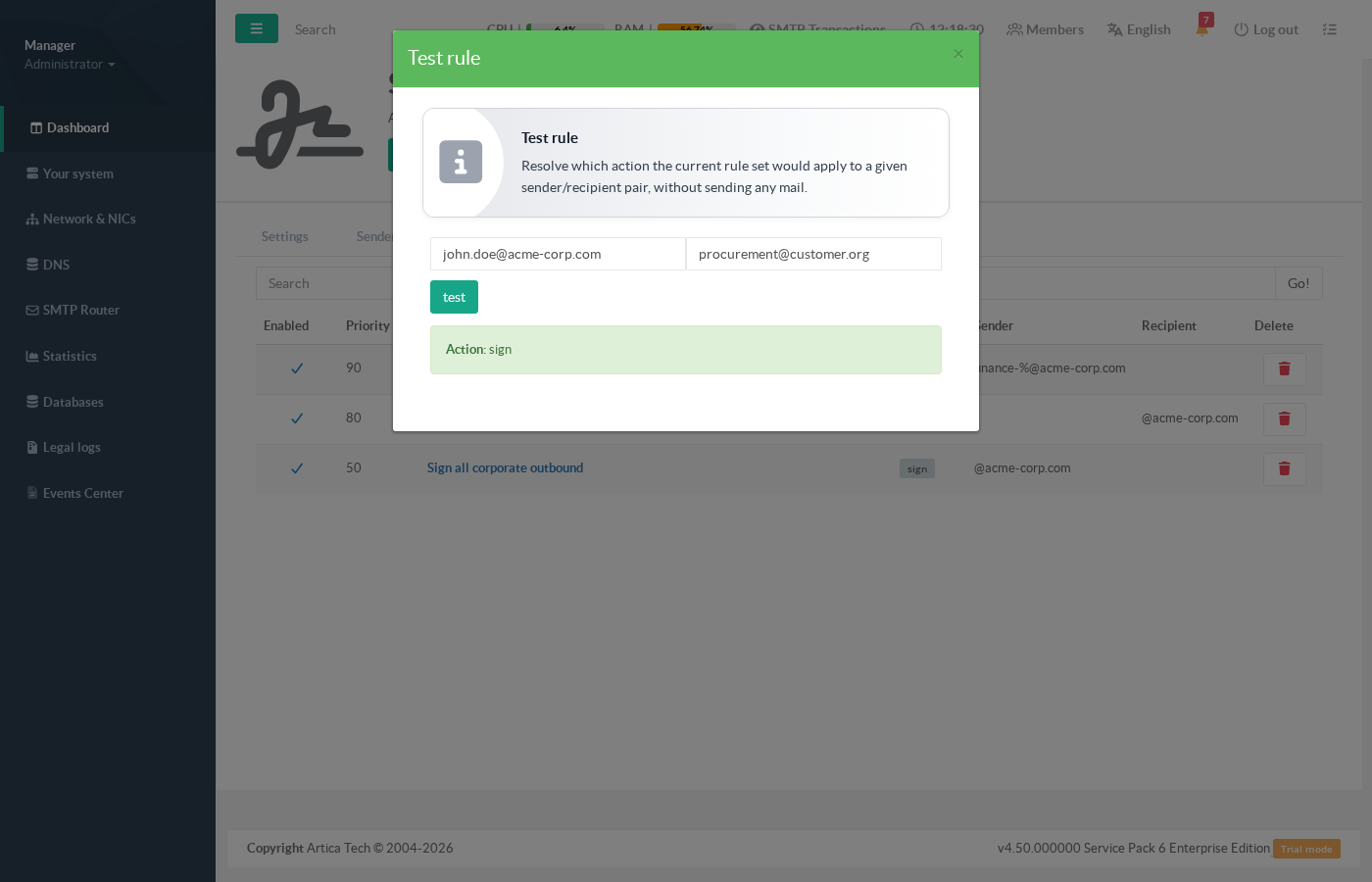 Test rule dialog