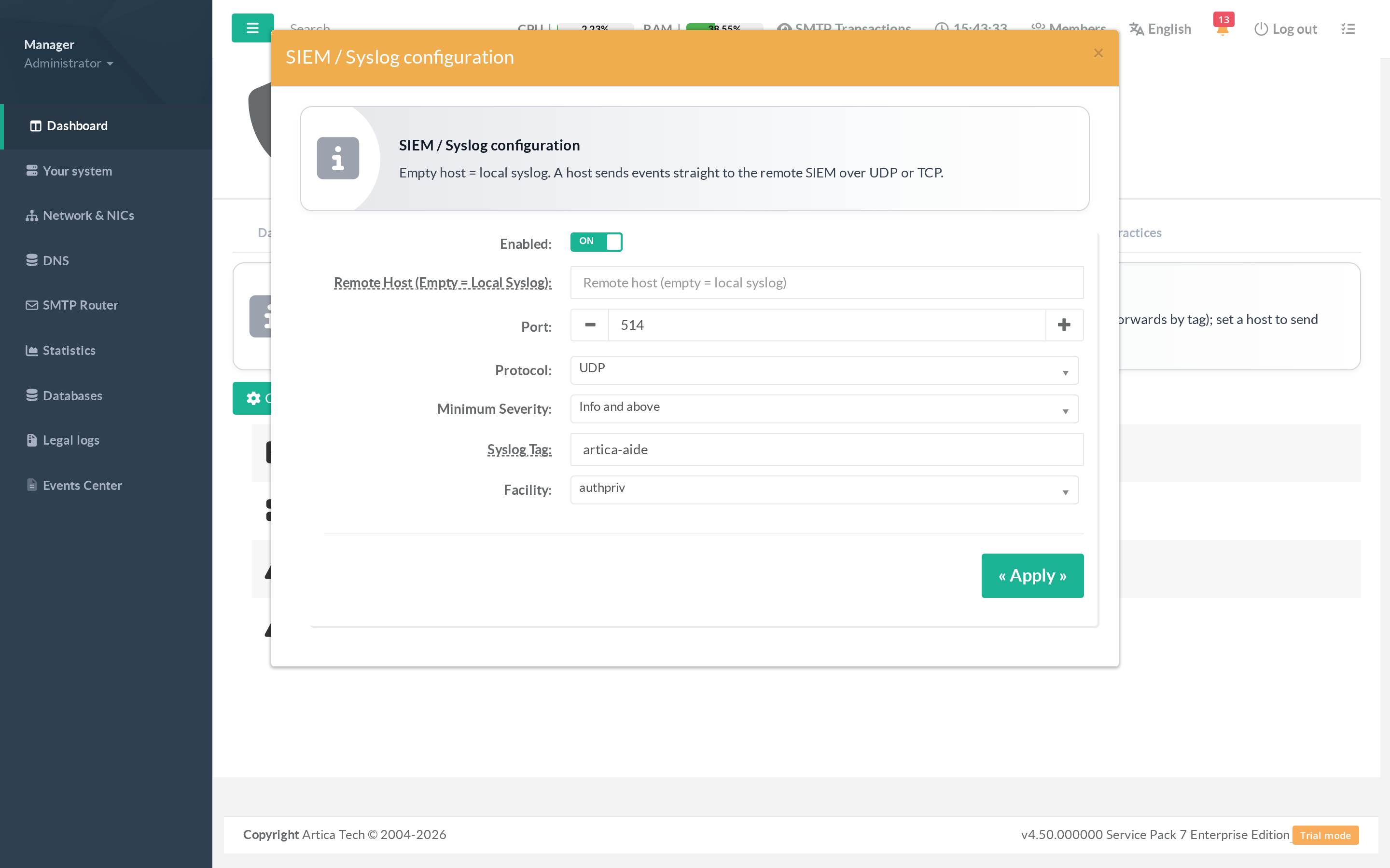 AIDE SIEM configuration dialog