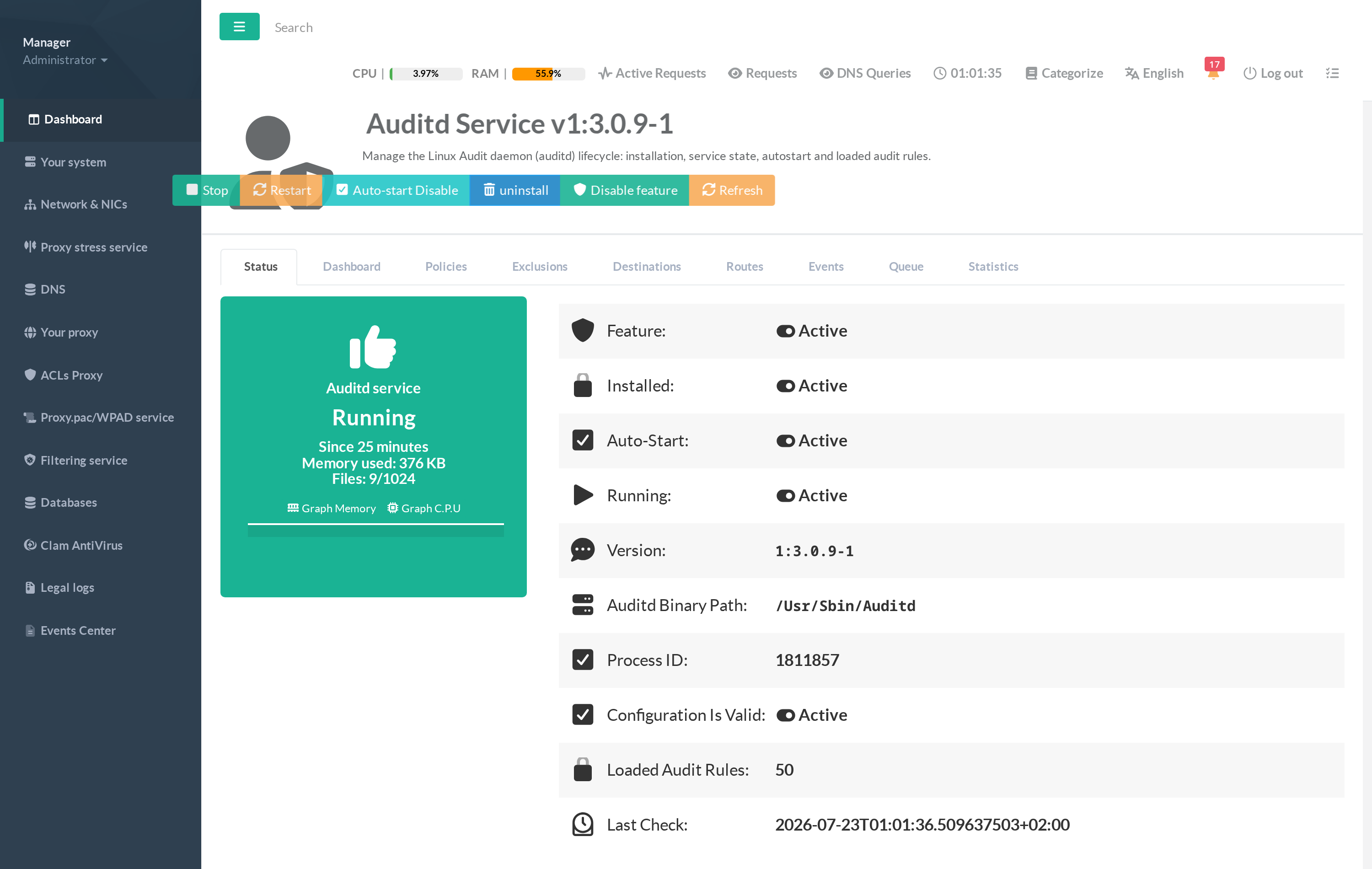 Auditd — Status tab overview